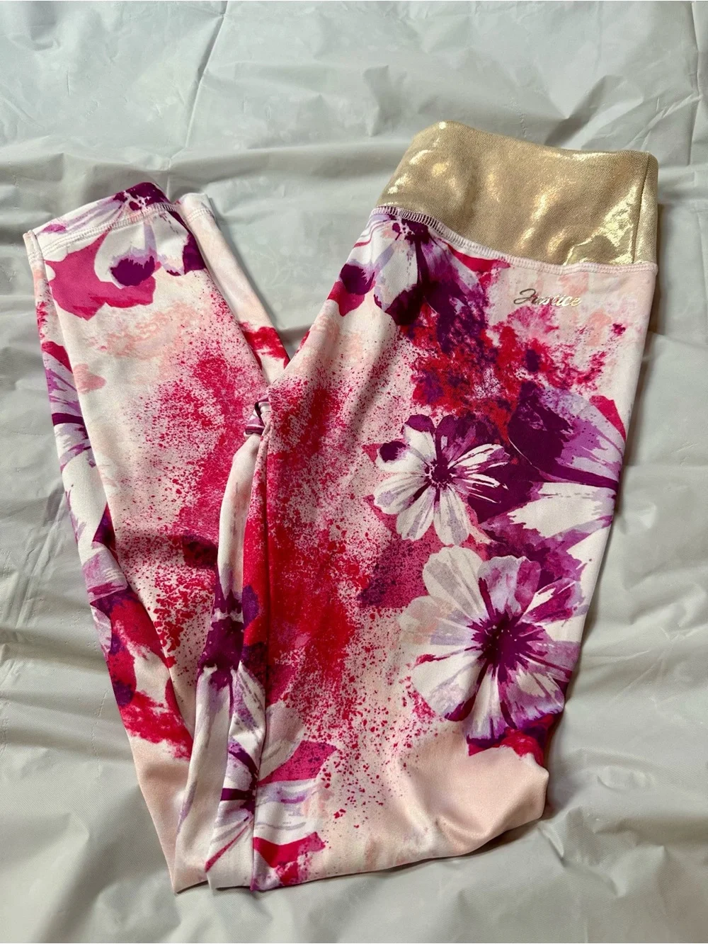Justice Pink and Purple Floral Leggings with Gold Trim